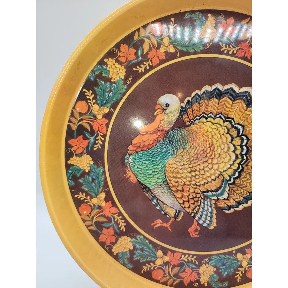 Vintage Thanksgiving Turkey Metal Serving Tray Round Tin Fall Harvest Decor 13